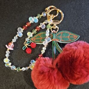 Cherry Pom Pom Keychain with Beaded Purse Charm